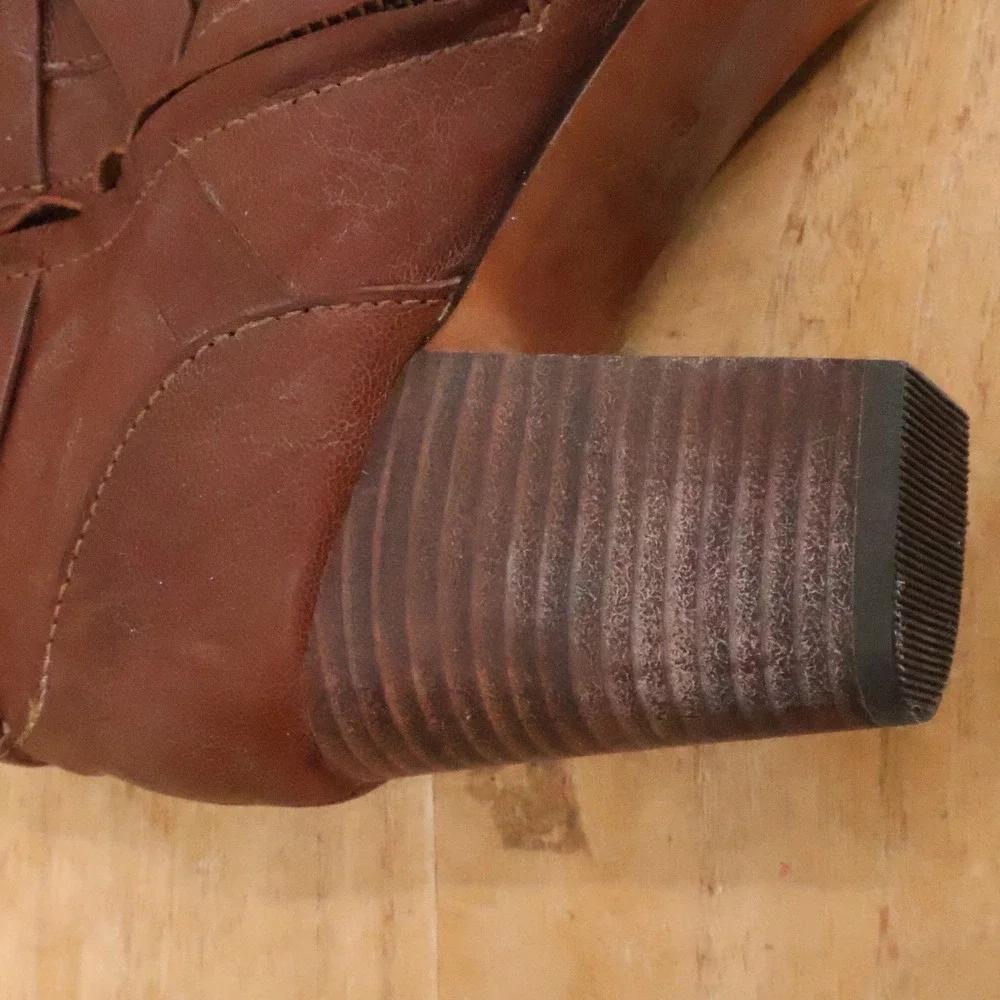 Cole Haan Leather Ankle Booties Womens Size 9.5B Brown Block Heel Buckle Strap